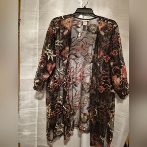 Catherines 4X Sheer Floral Embroidered Kimono - Black, Red, Gold & Cream